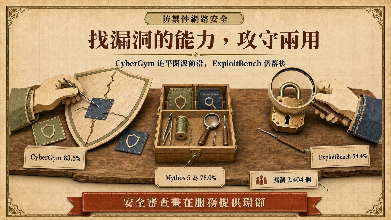 左右兩側的工作台呈現同一種找漏洞能力的兩種用法：一邊補強自己的盾牌，另一邊用放大鏡檢視他人的鎖頭。