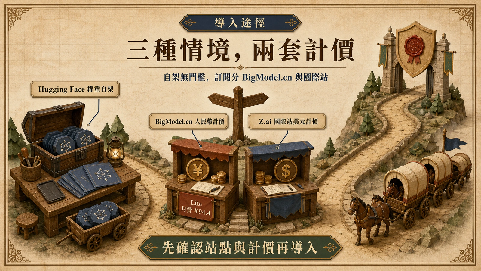 三條岔路分別代表權重自架、訂閱服務與對外轉售審查，路標上並列人民幣與美元兩套計價。
