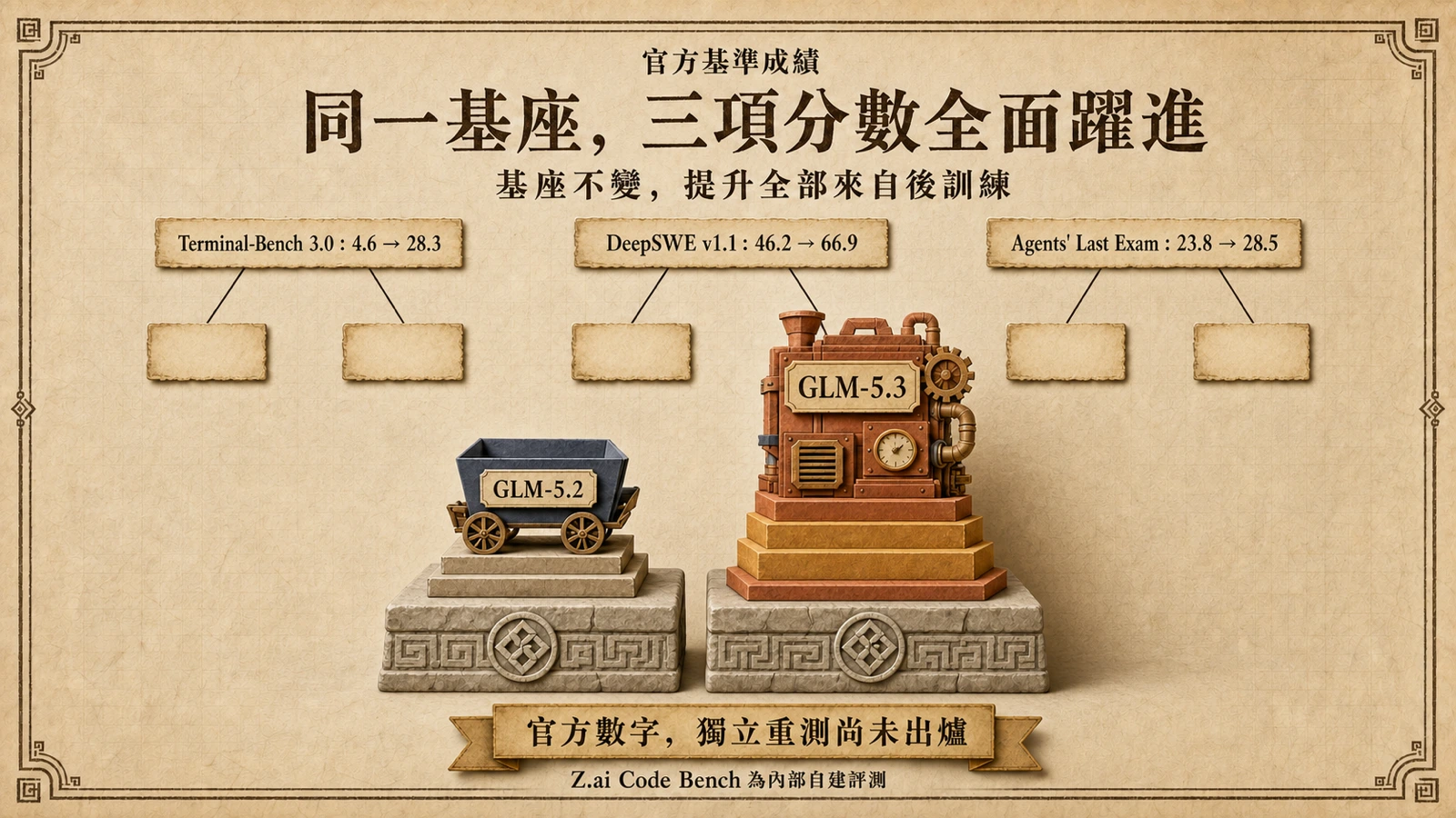 GLM-5.2 與 GLM-5.3 在三項長程任務基準的分數對比,GLM-5.3 全面躍進。