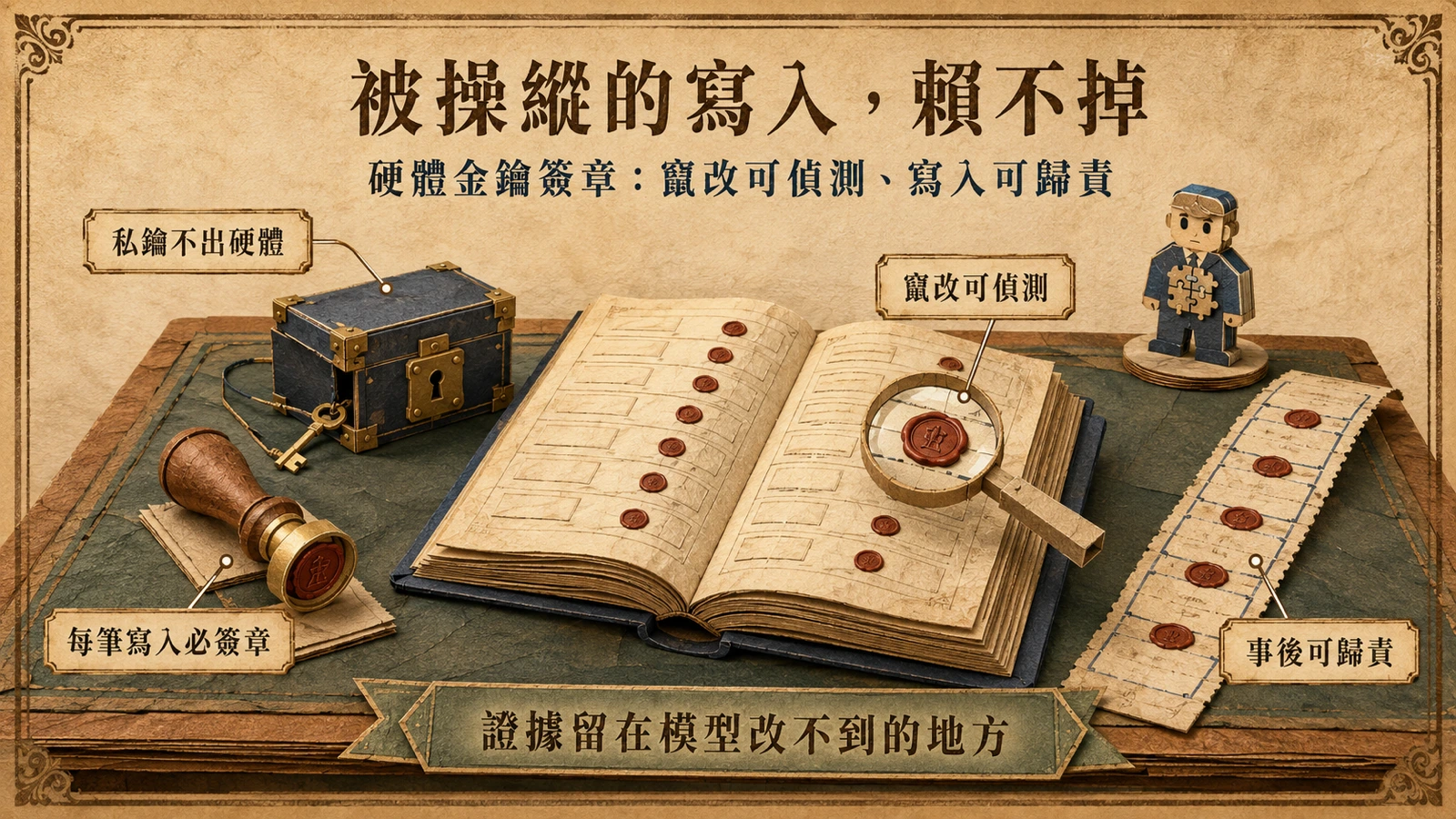 資料庫的每筆寫入都以硬體金鑰簽章並蓋上封蠟，事後可追溯也無法抵賴。
