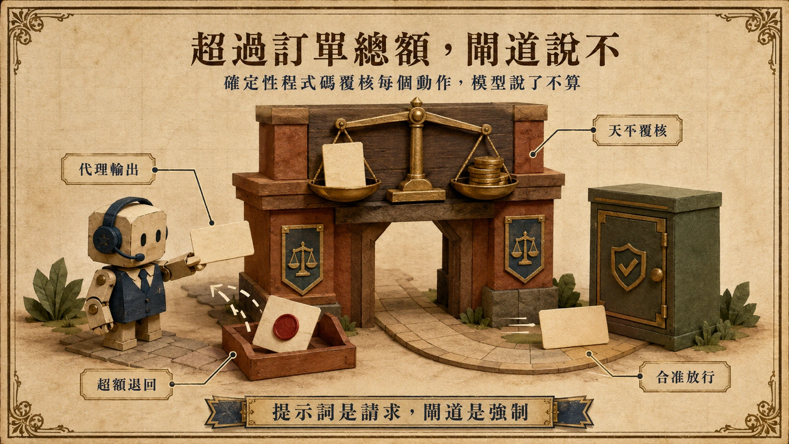 代理提出的退款申請經閘道天平覆核，超過訂單總額的請求被擋下退回。