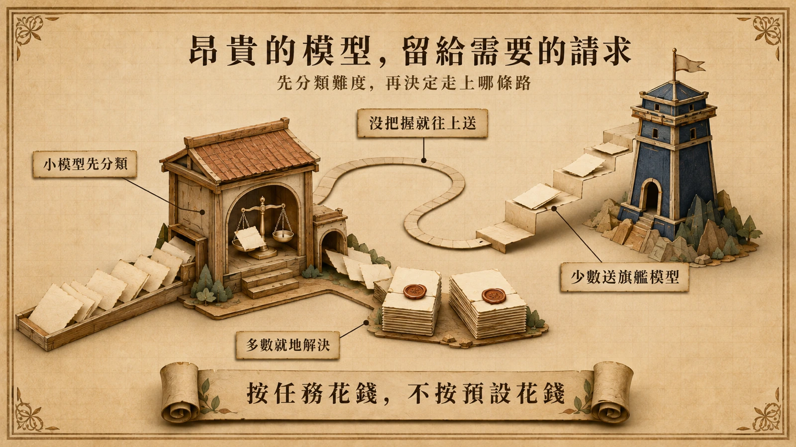 多數請求在小模型的閘門口就地解決,只有少數沿階梯走上旗艦模型高塔