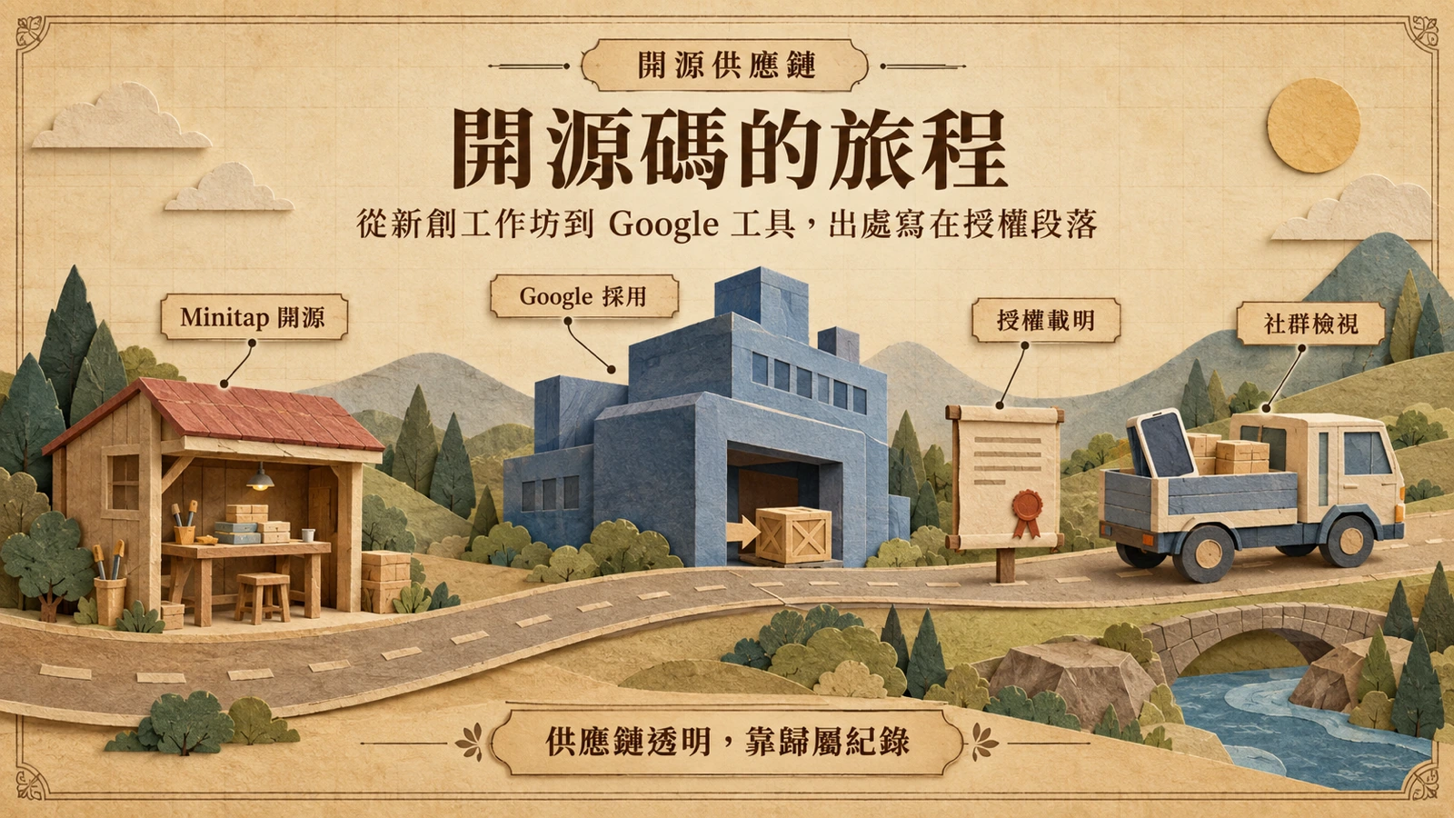 開源原始碼從新創專案流向大廠工具的示意圖，中間以授權署名維繫可追溯性。