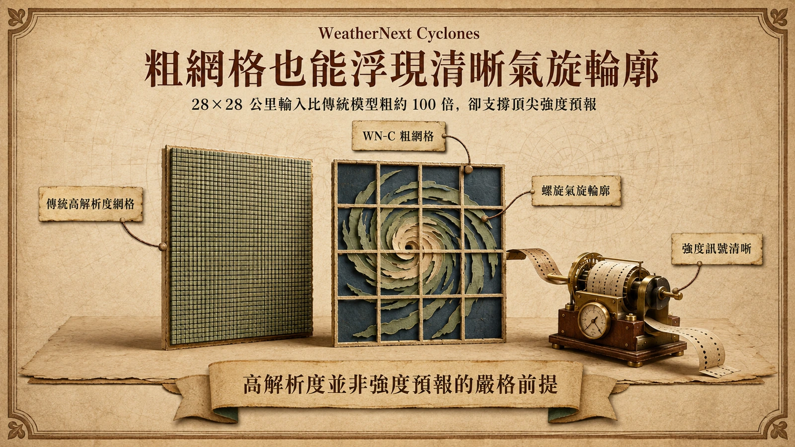 WN-C 使用比傳統模型粗約百倍的網格，仍能辨識氣旋結構並輸出預報。