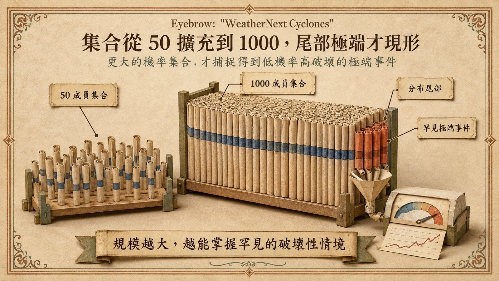 將預測集合從 50 組擴增到 1,000 組後，模型更有機會捕捉分布尾端的罕見極端事件。