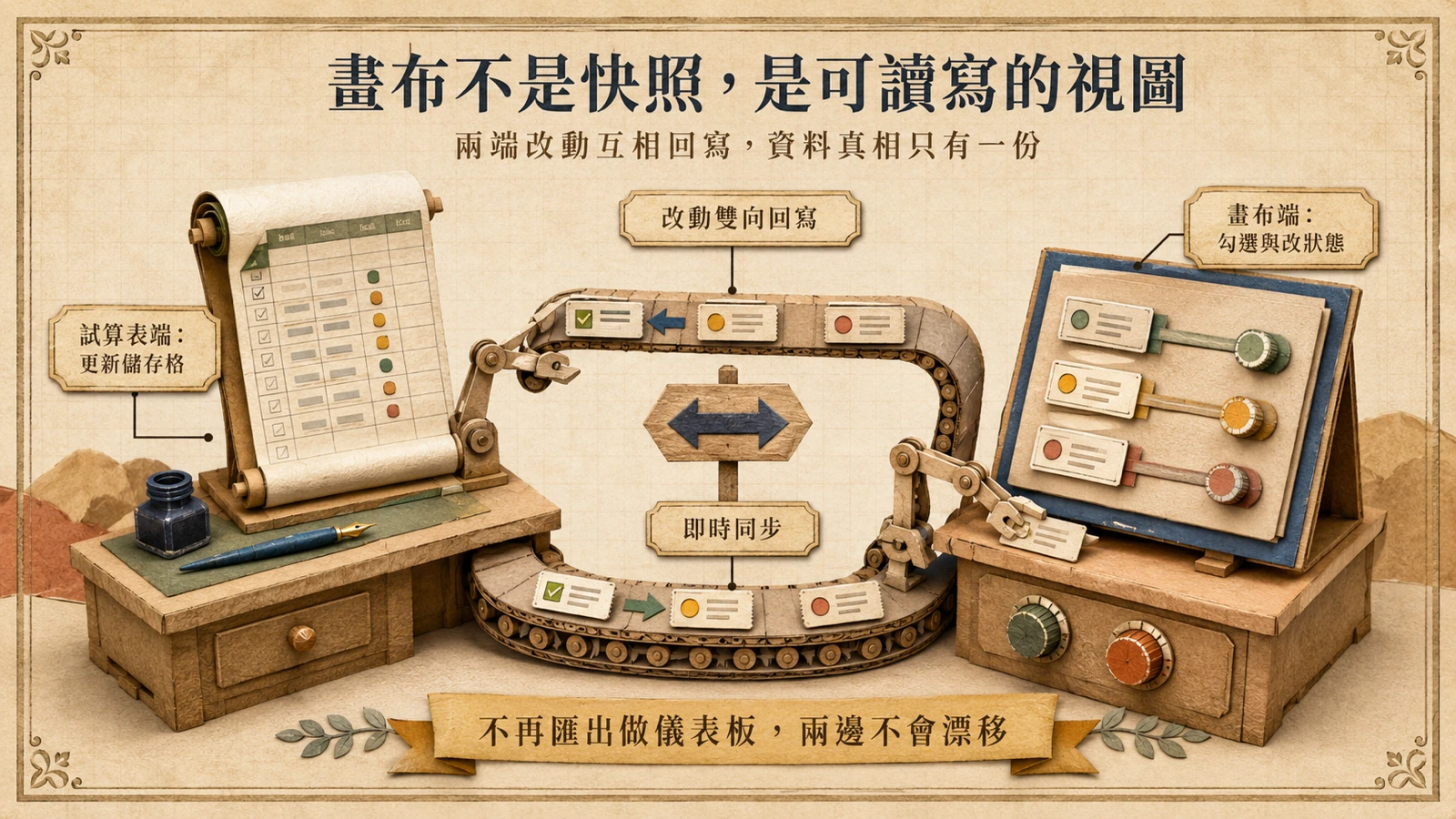 試算表資料與互動畫布之間以傳送帶相連,紙卡朝兩個方向移動,代表資料雙向同步。