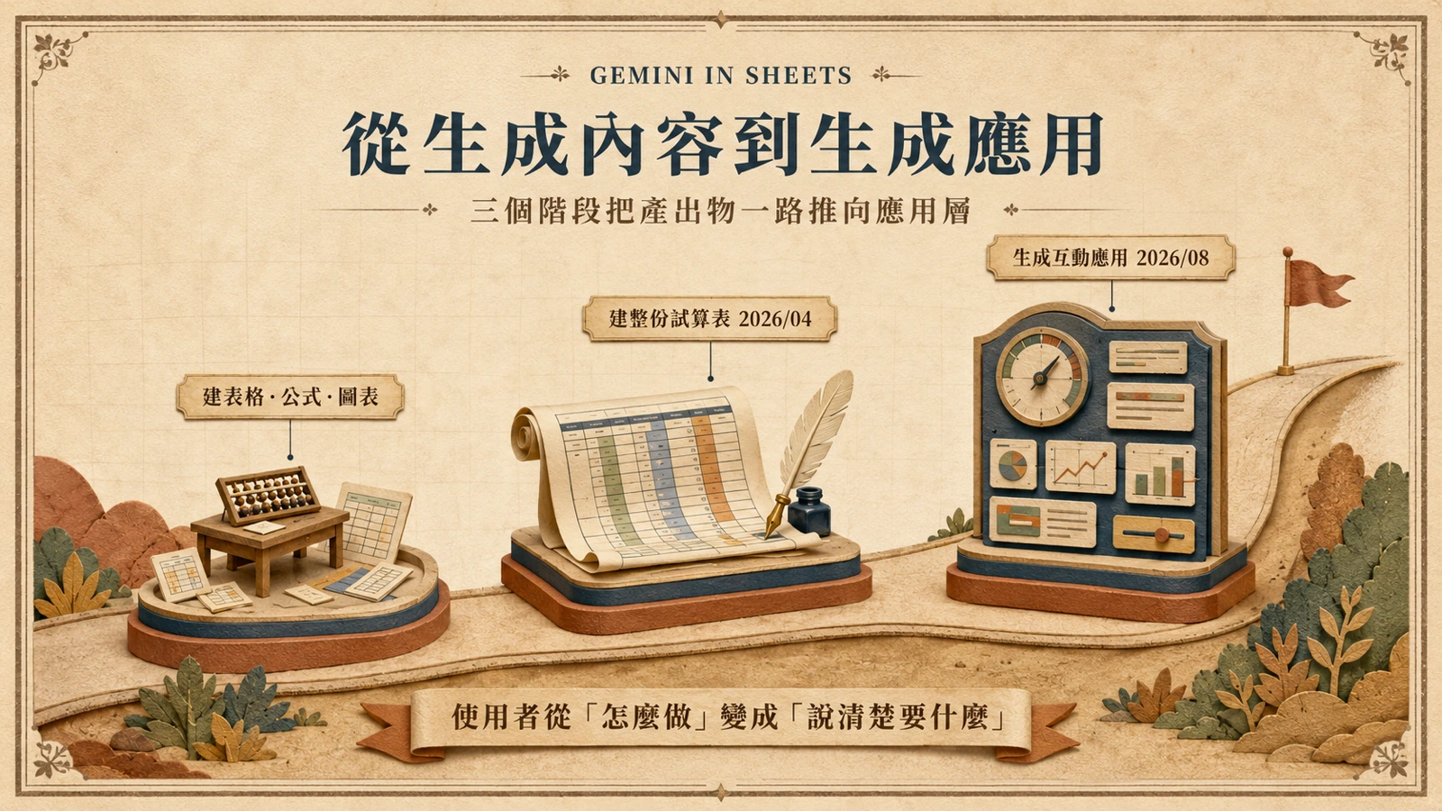 三座驛站沿坡道排列,第一站是方桌與算盤,第二站是攤開的多欄試算表,第三站是帶指針與卡片牆的立體應用板。