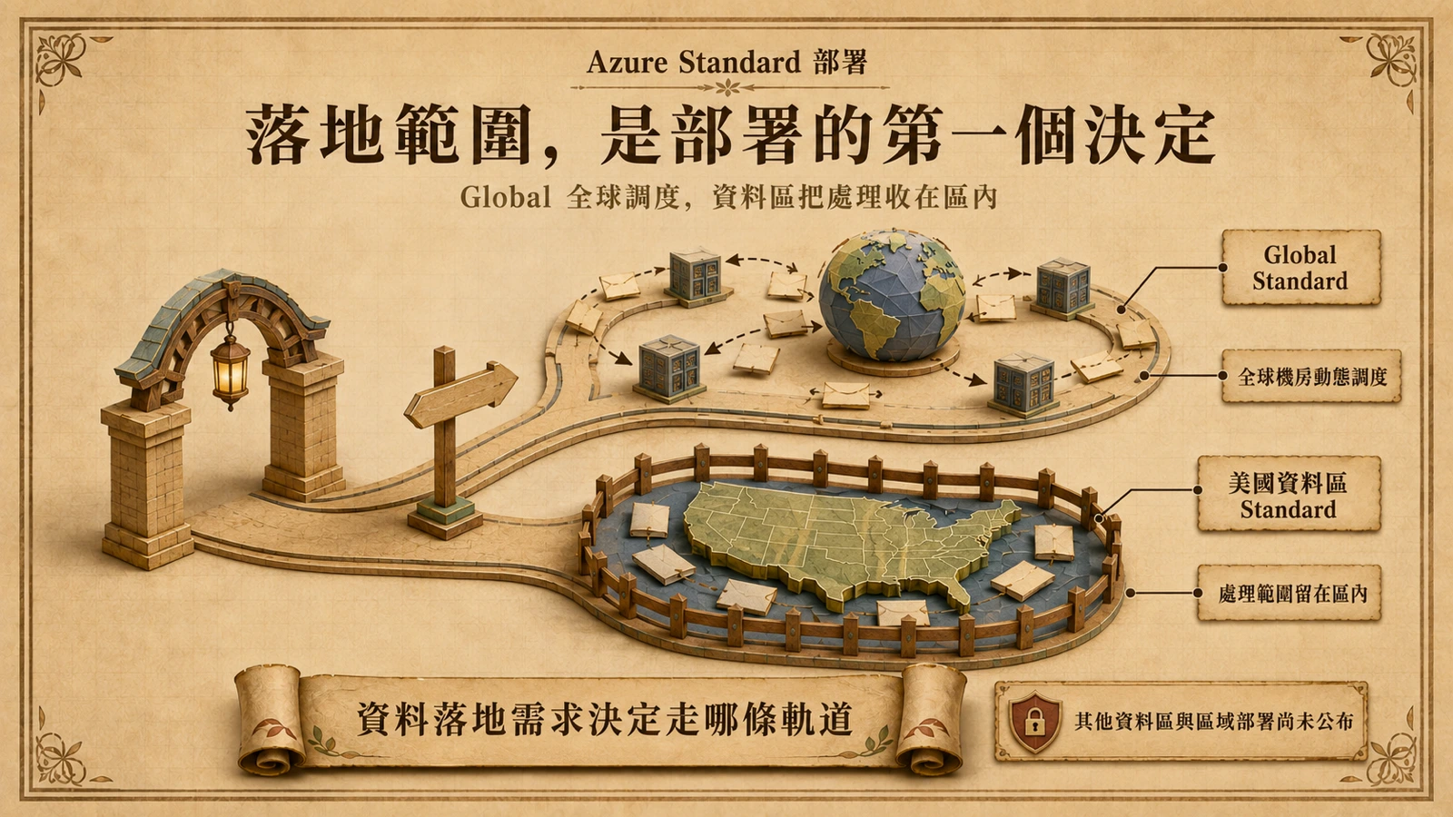 兩條並列的部署軌道:Global 軌道的資料箱流向全球機房,美國資料區軌道以圍欄把處理範圍收在區內,企業在閘口依資料落地需求選邊。