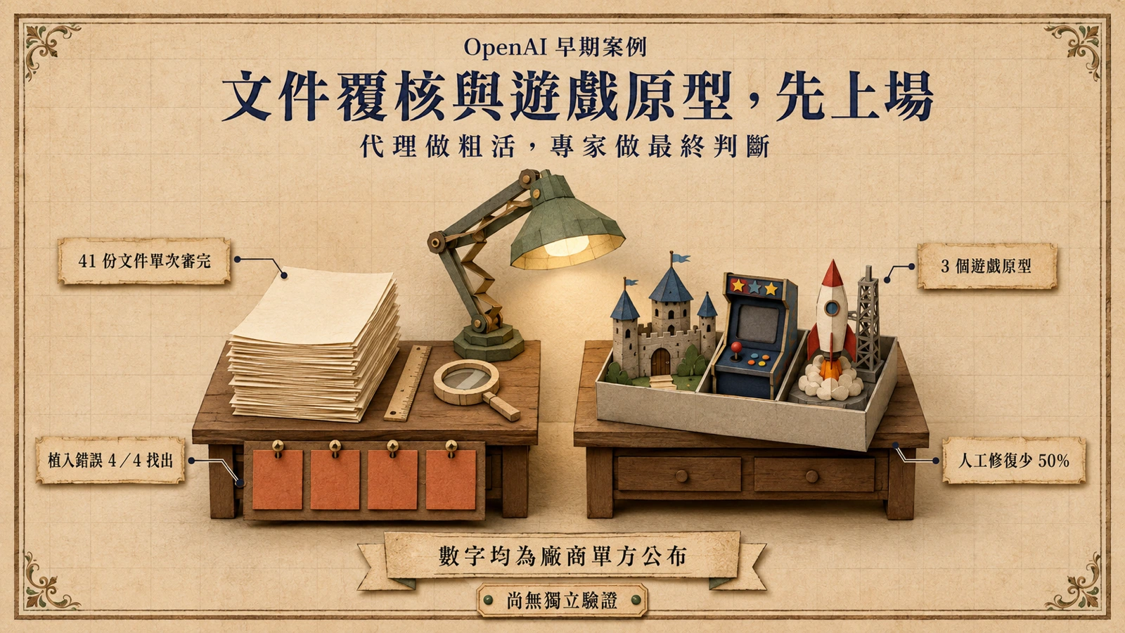 兩張工作台:法律團隊的文件疊被逐一核對並挑出錯誤卡,遊戲工作室從一個灰盒基底長出三個主題原型,各自標著成效數據。