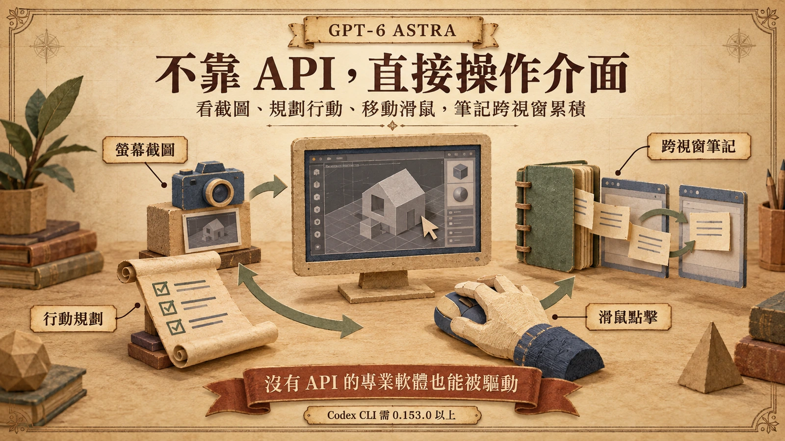 電腦操作代理的工作循環：拍下螢幕畫面、規劃下一步行動、移動滑鼠點擊，旁邊的筆記本持續累積跨視窗的工作紀錄。