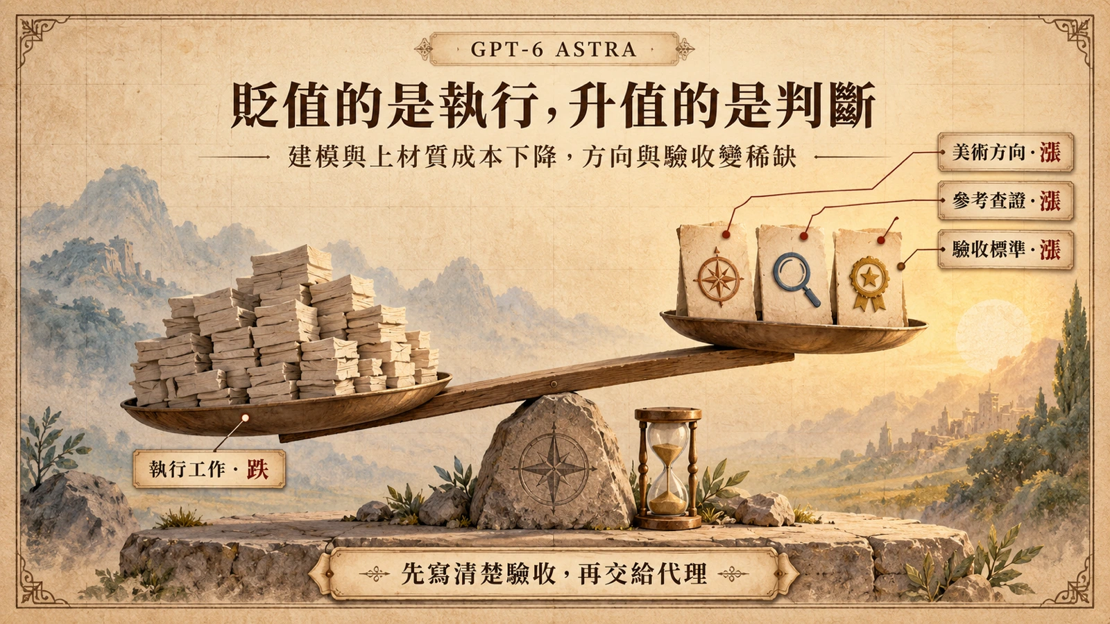 一座天平一端下沉，堆著大量低廉的執行工作卡；另一端升起，擺著少量昂貴的判斷工作卡：美術方向、參考查證與驗收標準。