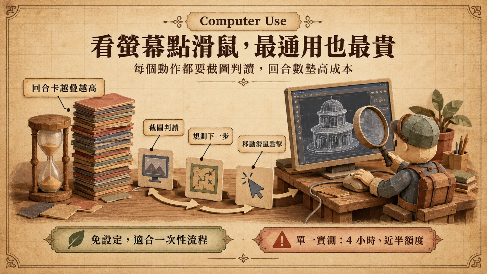 一位代理坐在工作檯前，手持放大鏡判讀螢幕上建到一半的圓頂建築，另一手握著滑鼠，旁邊疊著持續增加的回合卡與一只沙漏。