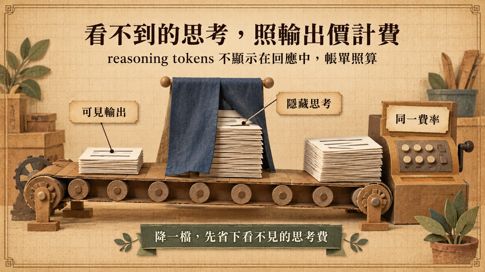 輸送帶一端送出看得見的回答卡片，布簾後方還有更厚的思考卡片落在同一條帶上，末端收銀機以同一費率收費。
