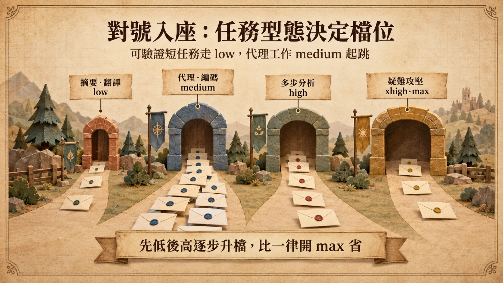 五道由窄到寬的閘門排成一列，不同類型的任務卡片被分派到 low 到 max 各閘門，多數卡片湧向 medium 那道門。