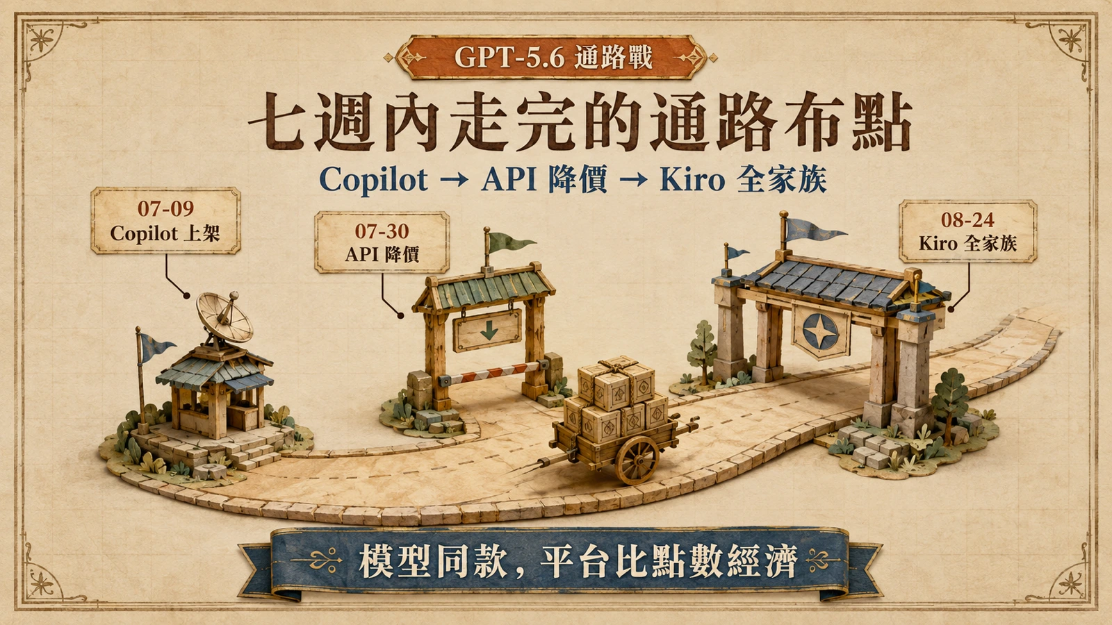 時間軸：7 月 9 日 GitHub Copilot 上架 GPT-5.6 三款變體，7 月 30 日 OpenAI 調降 API 牌價，8 月 24 日 Kiro 補齊全家族並調降點數乘數。
