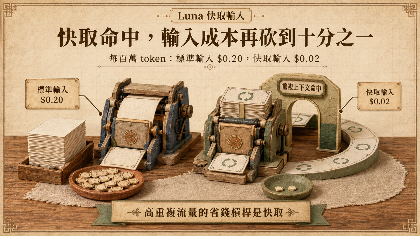 兩台紙製機器分別處理全新輸入與重複上下文,呈現快取命中後輸入單價降為十分之一