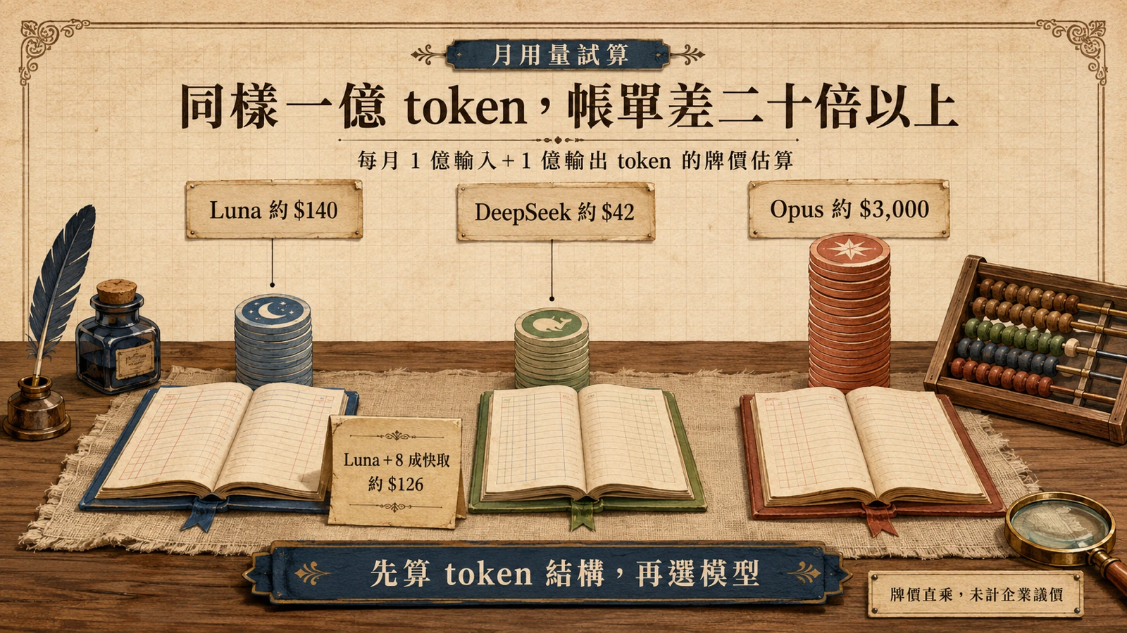 三本攤開的紙製帳本與高度懸殊的金幣堆,比較同樣一億 token 用量在三種模型下的月費