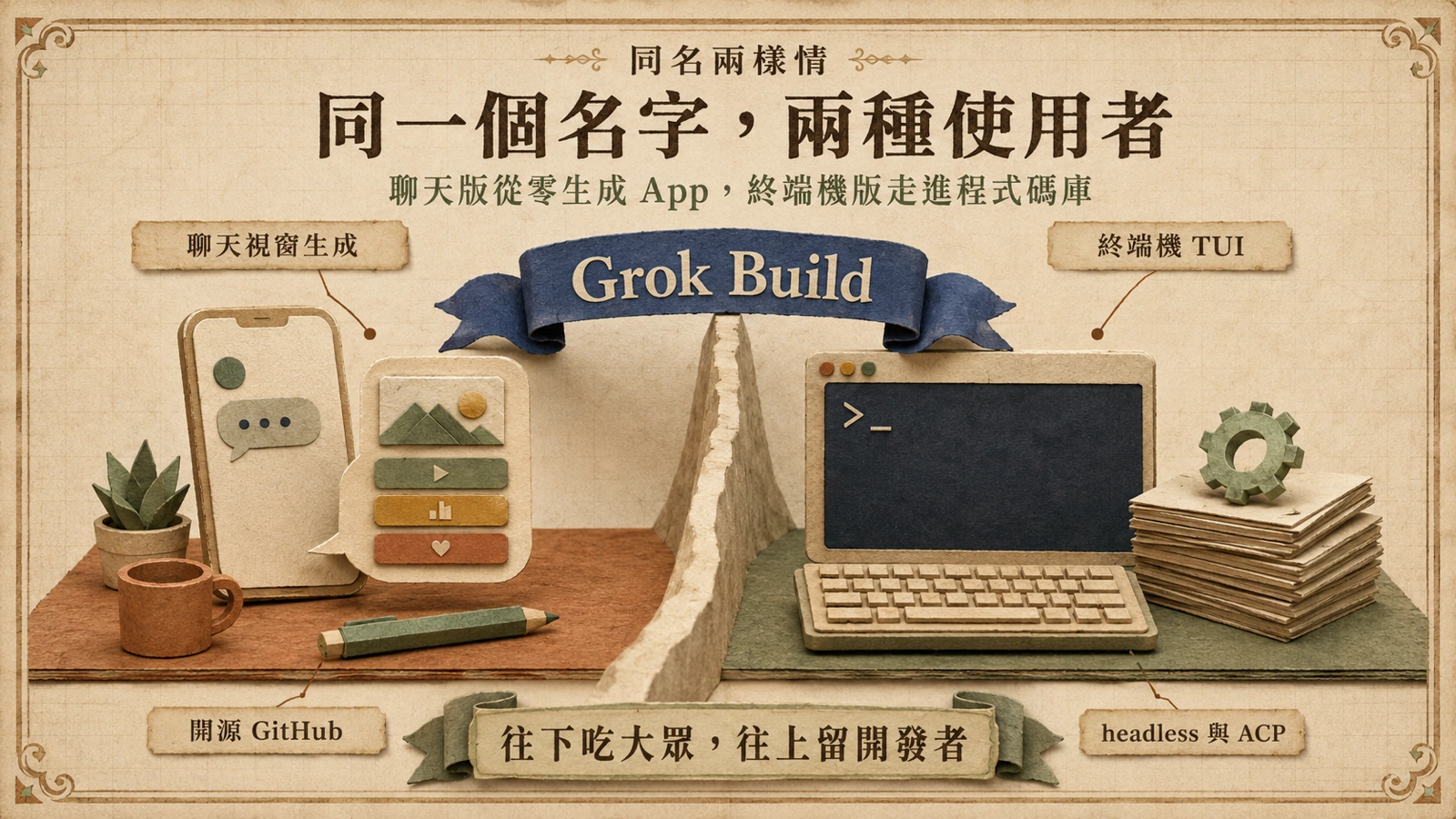 Grok Build 同時指兩種產品：一邊是聊天視窗裡從描述生成的小應用，另一邊是終端機裡的開源編碼代理。