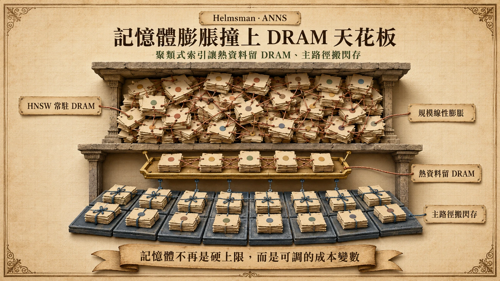 向量規模超過 DRAM 容量後，多數冷資料移往 Flash，只有熱門聚類保留在 DRAM。