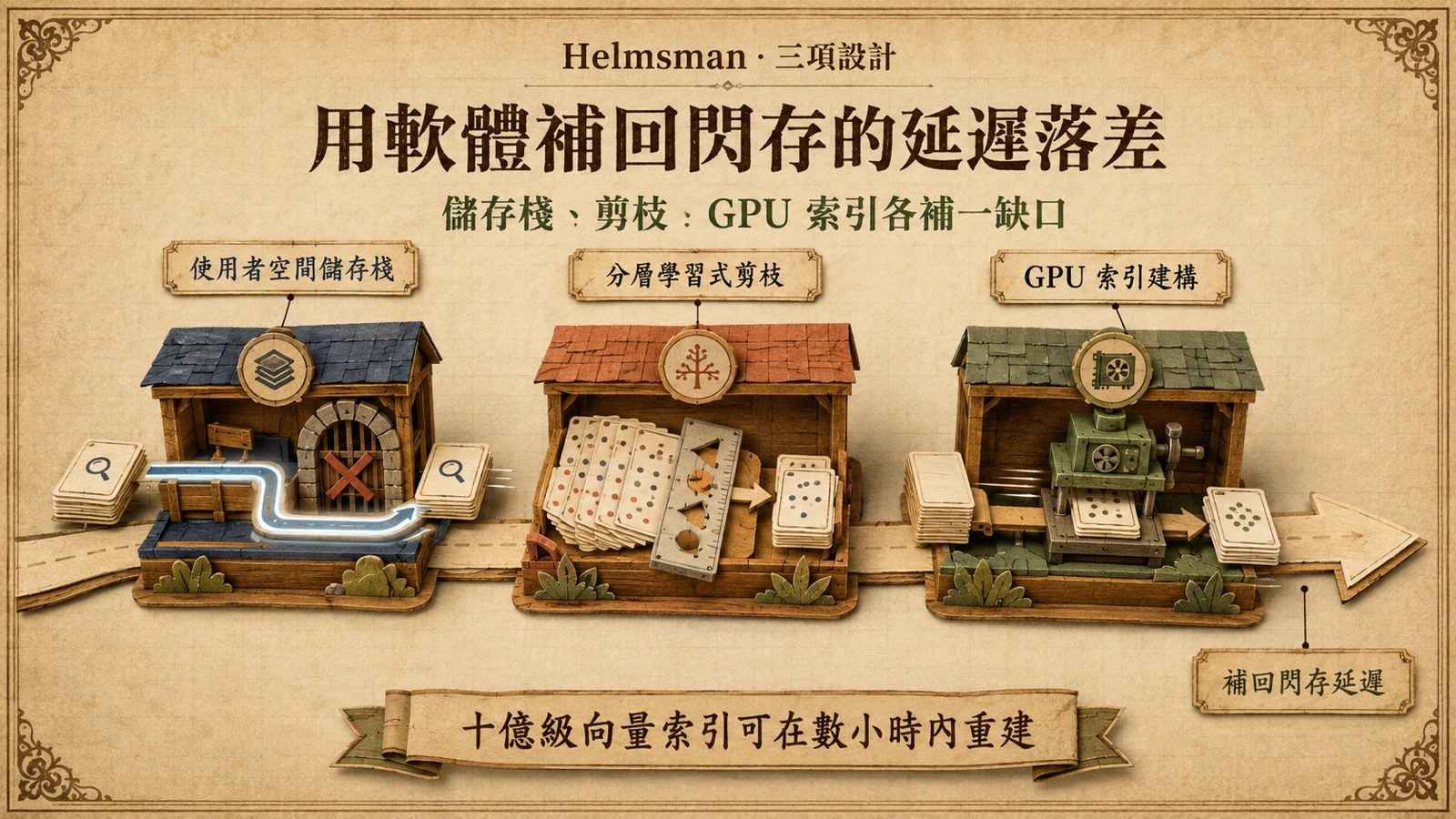 Helmsman 以使用者空間儲存、學習式候選剪枝與 GPU 建索引三層設計提升全快閃向量檢索效率。