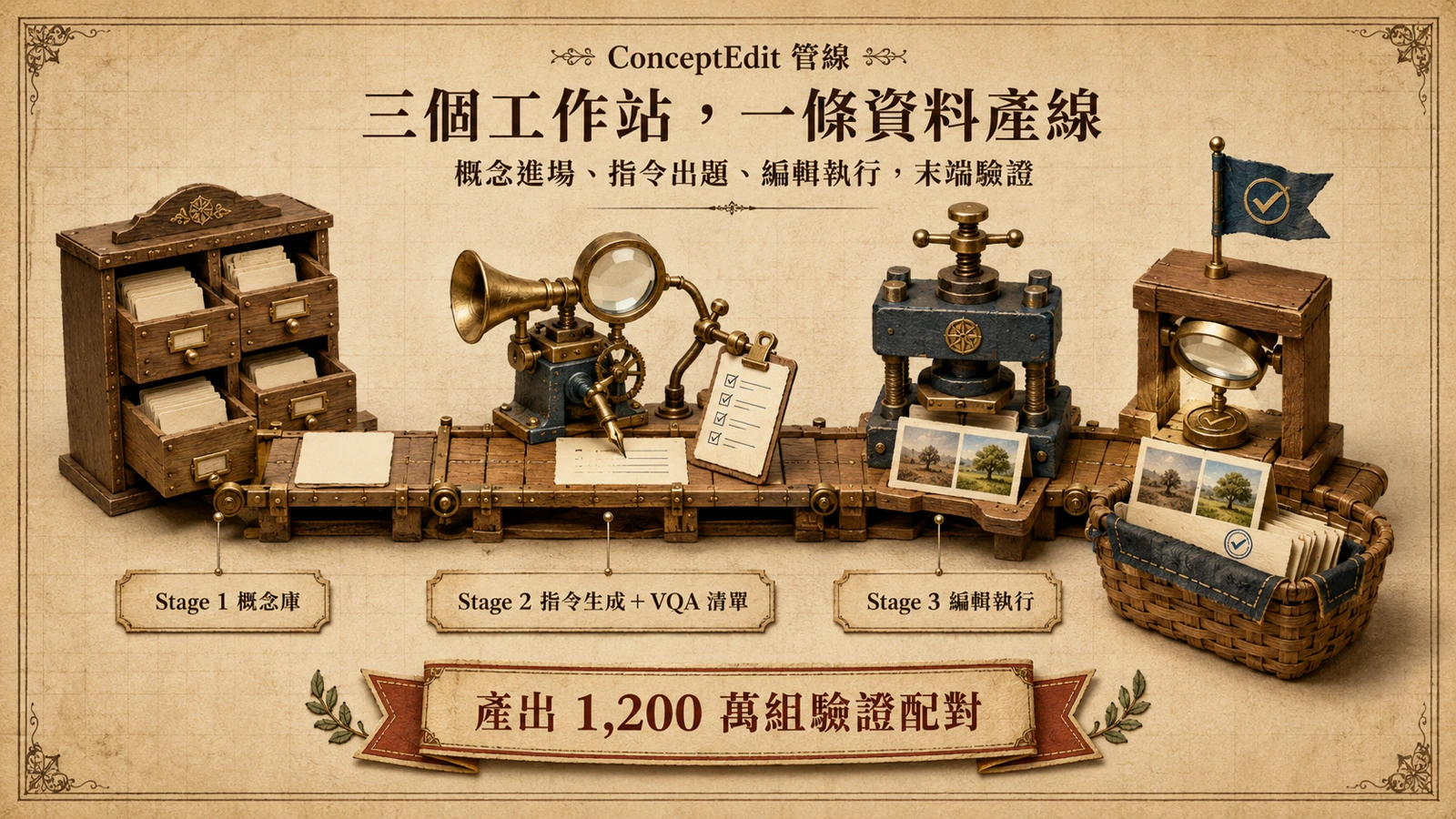 三個工作站依序處理概念庫、指令生成與編輯執行，產出驗證過的編輯配對。