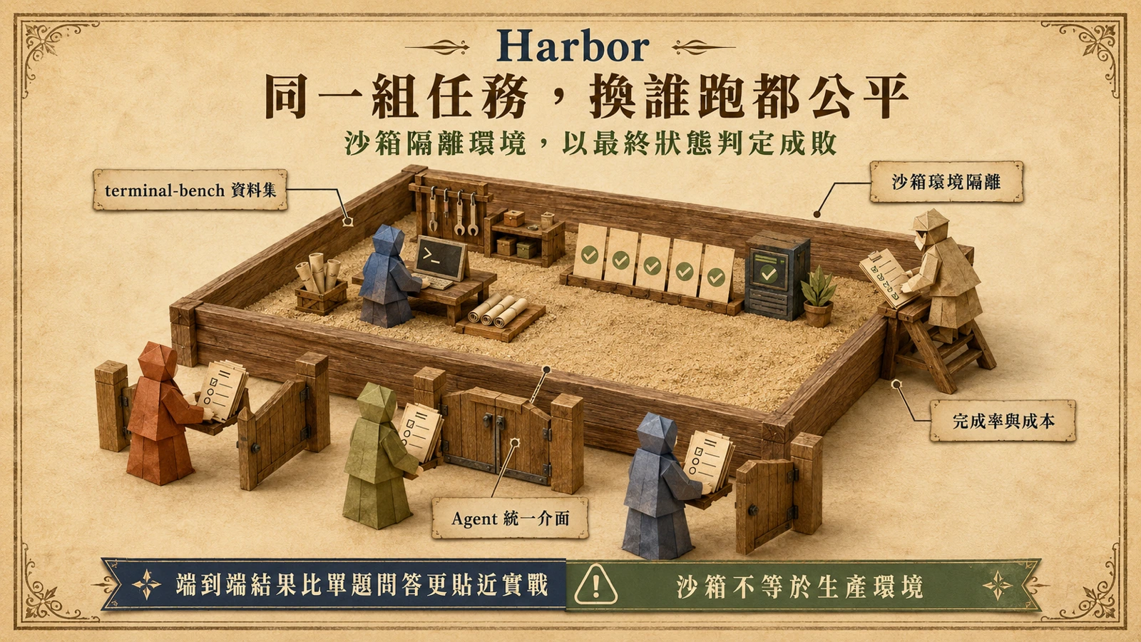 Harbor 以沙箱環境執行端到端 agent 任務：同一組任務換不同 agent 與模型都能公平對比，成敗由環境最終狀態判定。