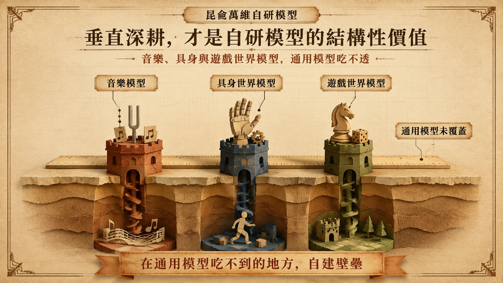 音樂、具身與遊戲任務需要深入領域知識，通用模型的表層能力難以直接取代。