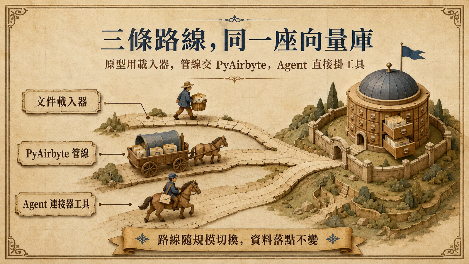 三條路線把資料匯入同一座向量庫：Airbyte 文件載入器、PyAirbyte 管線與 Agent 連接器工具。