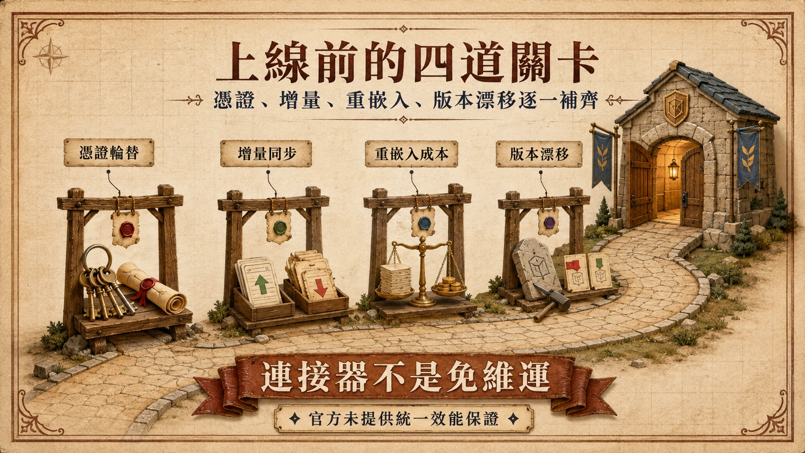 資料管線進入生產環境前需通過四道關卡：憑證輪替、增量同步、重嵌入成本與連接器版本漂移。