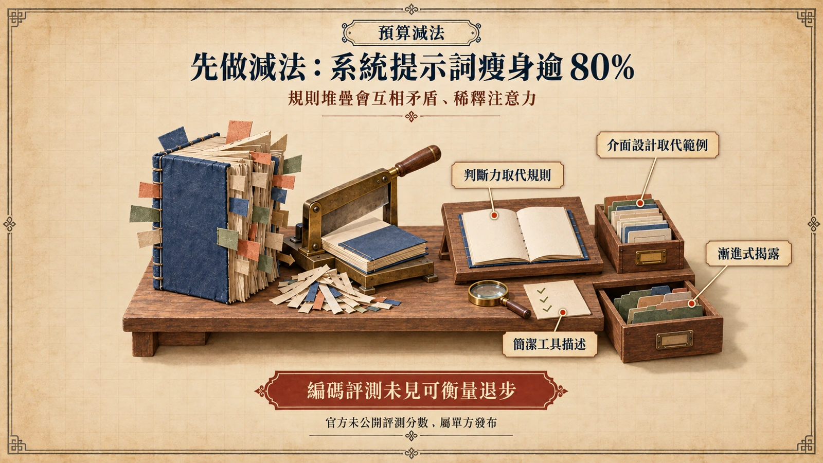 工作檯上一本插滿標籤的厚重規則書被裁切成薄冊，旁邊放著檢查清單與量尺。