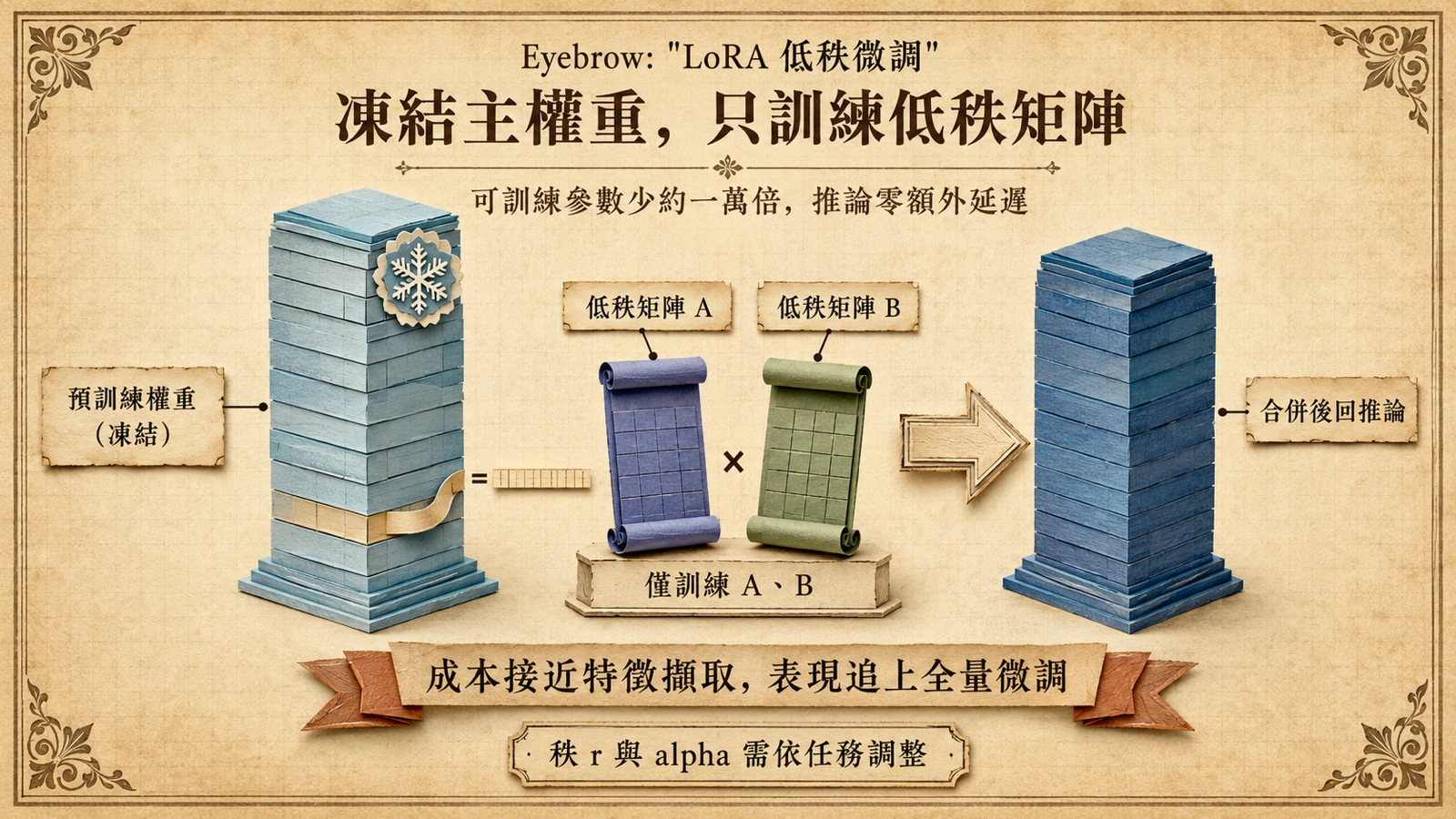 LoRA 凍結預訓練權重，只訓練成對的低秩矩陣 A 與 B；訓練完成後可合併回主權重，推論時零額外延遲。