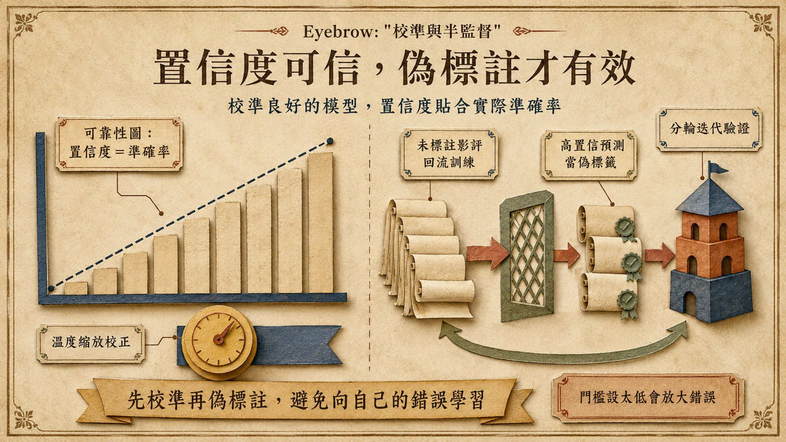 左：校準良好的模型，置信度與準確率貼合對角線；右：半監督偽標註把高置信預測回流訓練，形成自我增強的迴圈。
