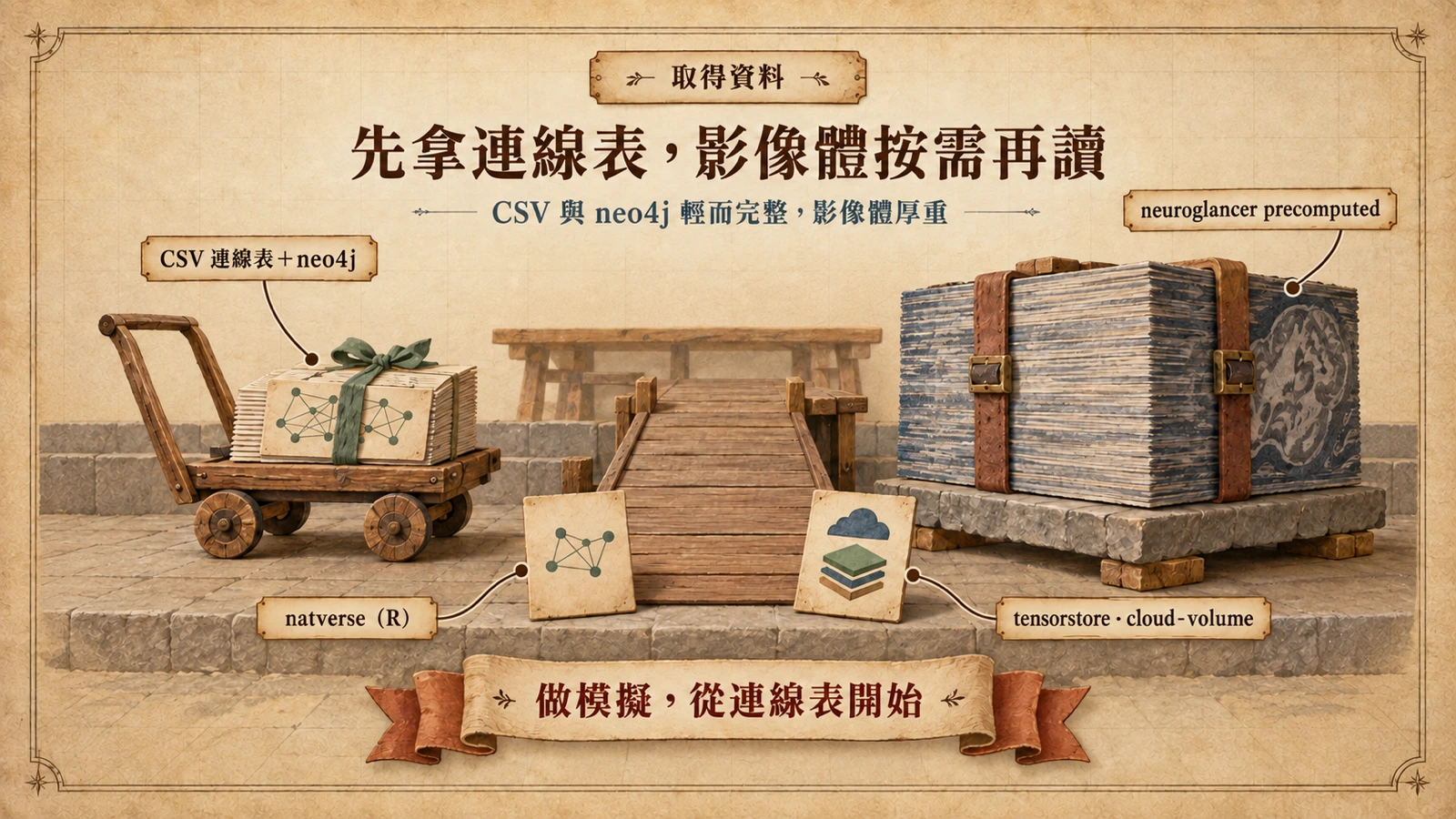 小推車上載著一疊輕薄的連線表卡片，另一側石臺上放著厚重的影像體冊頁，斜坡連向後方工作檯，兩張工具卡靠在坡邊。