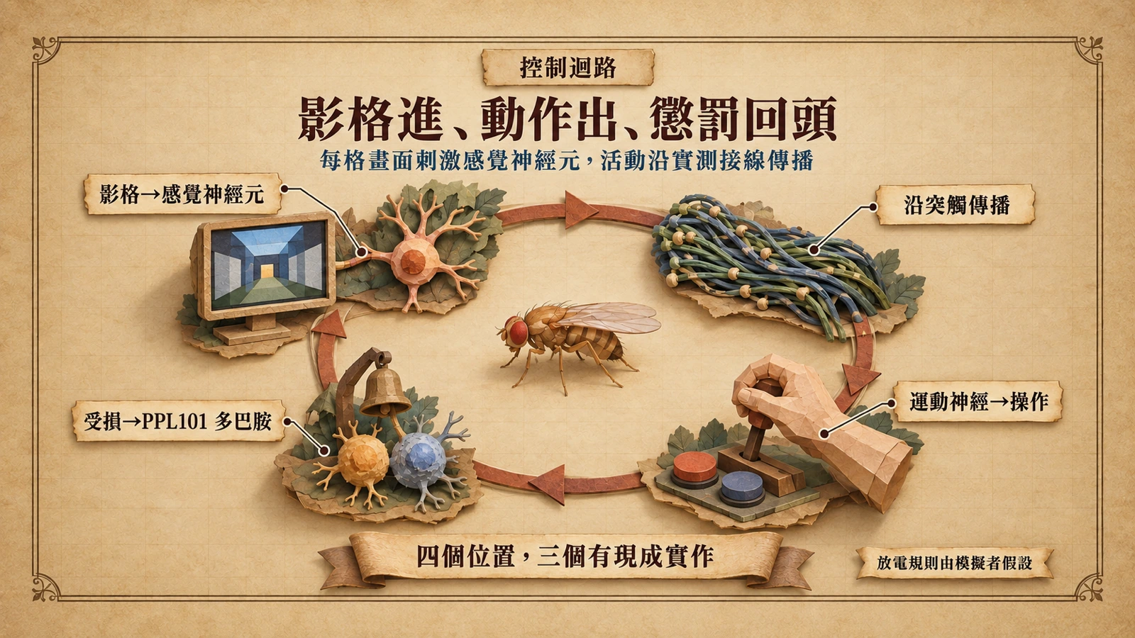 一圈軌道依序穿過四個驛站：小螢幕把影格轉成刺激送進神經元閘門，活動沿編織狀的接線帶前進，紙手扳動控制桿，最後一段軌道折回小鈴與兩顆圓形細胞，讓迴路閉合。