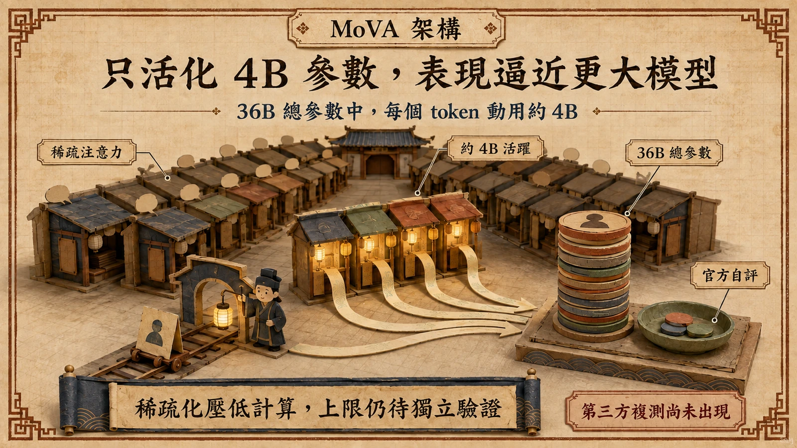 MoVA 架構示意:36B 總參數中每個 token 只活化約 4B,官方宣稱以低活躍參數勝過許多更大的模型。
