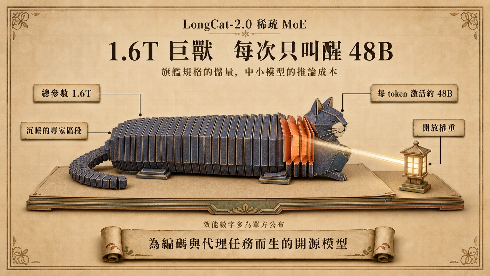 一隻分段組合的長貓造型裝置停在臺座上，多數區段是沉靜的靛色，只有近頭部的一小段亮起暖光，旁邊的小卡寫著總參數與激活參數的對比。