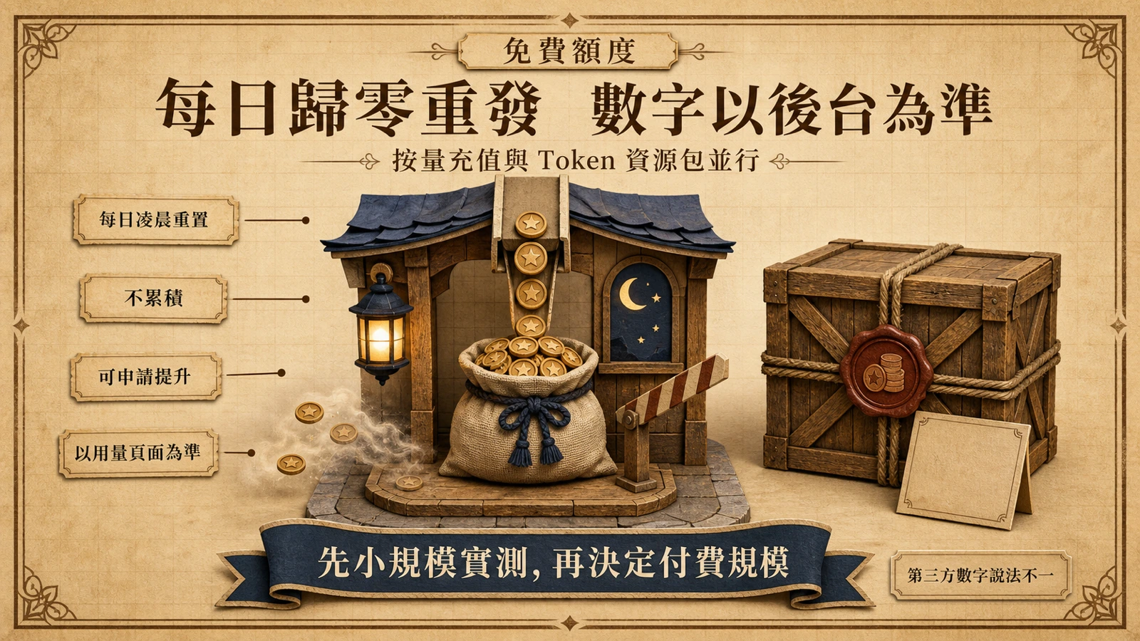 午夜小站上，一只每日補充的額度小袋剛裝滿，多出的部分從袋口化開散去；一旁是可購買的 token 資源包木箱與一張用量紀錄卡。