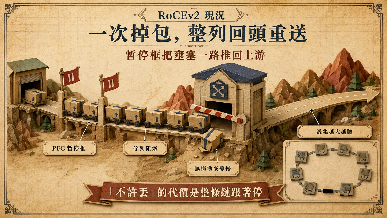 傳統 RoCE 以 PFC 暫停框避免丟包，壅塞往上游蔓延，一次掉包就讓整批資料回頭重送。