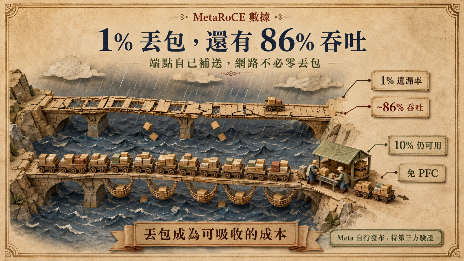 在 1% 封包遺漏率下 MetaRoCE 維持約 86% 吞吐；傳統依賴無損網路的設計在丟包後吞吐迅速崩塌。