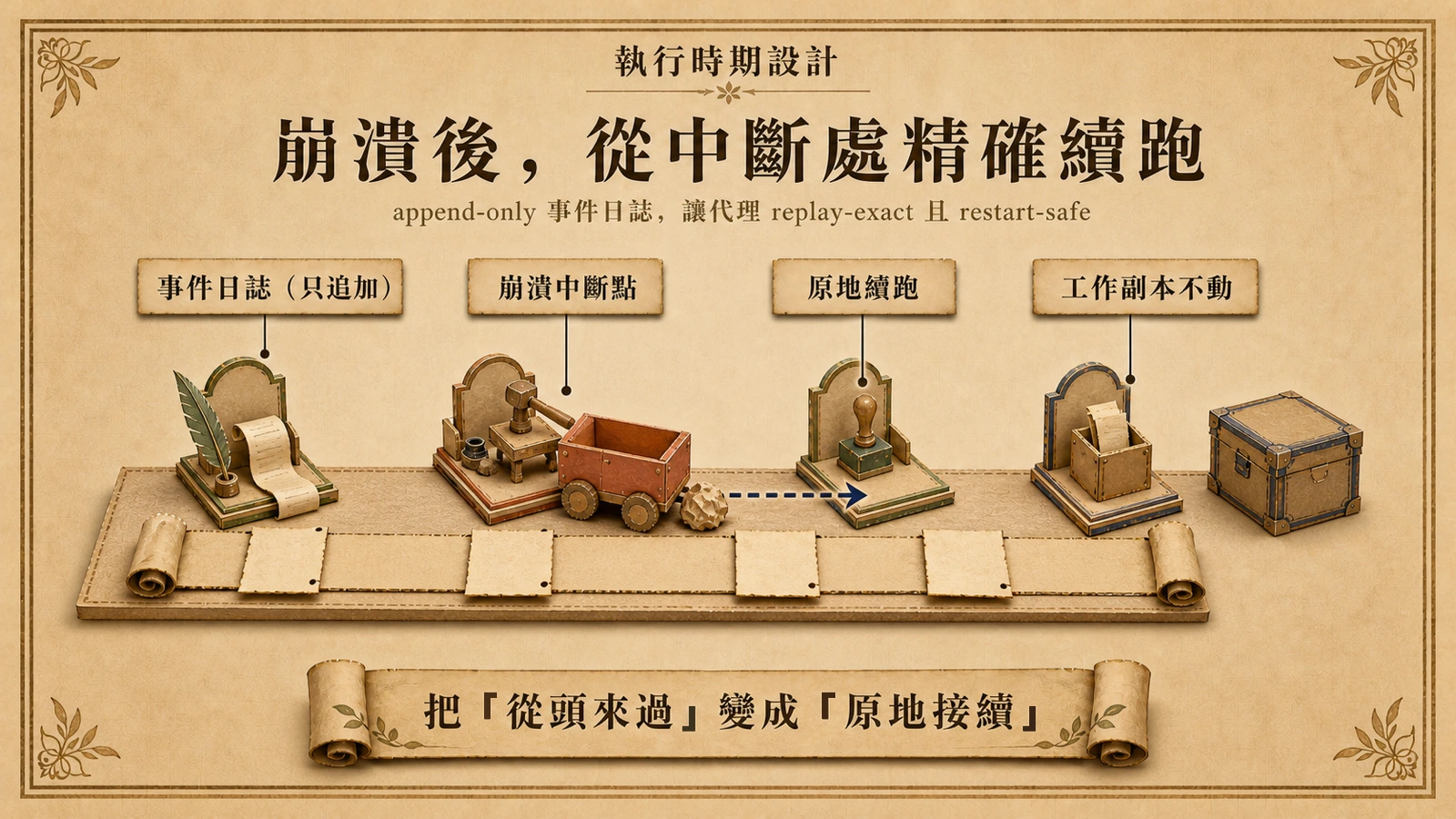 只追加事件日誌可記錄工程進度,讓代理在崩潰後從中斷點恢復,並保留工作副本。