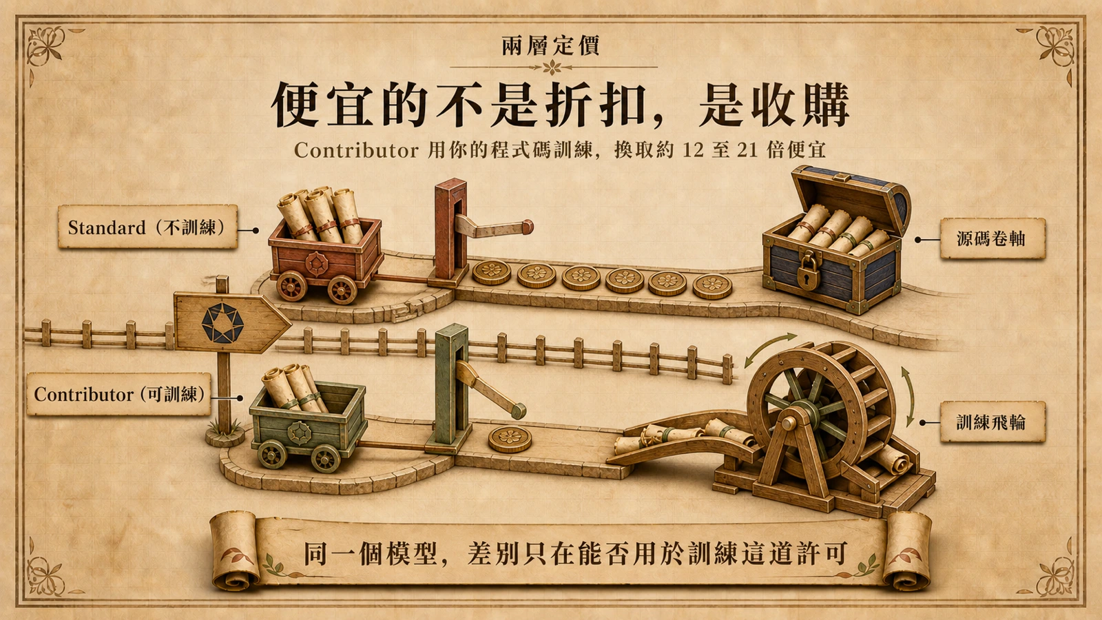 Standard 方案以較高價格保護私有程式碼;Contributor 方案價格較低,但資料可用於模型訓練。