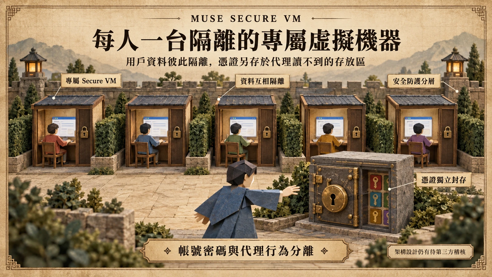 Muse Secure VM 為每位用戶提供一台隔離的專屬虛擬機器，代理在其中代替使用者操作服務，登入憑證另存於代理讀不到的獨立存放區。
