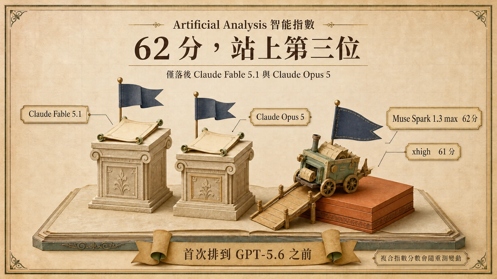 Artificial Analysis 智能指數排行：Muse Spark 1.3 的 max 變體以 62 分排在 Claude Fable 5.1 與 Claude Opus 5 之後居第三，一般可用的 xhigh 變體得 61 分。