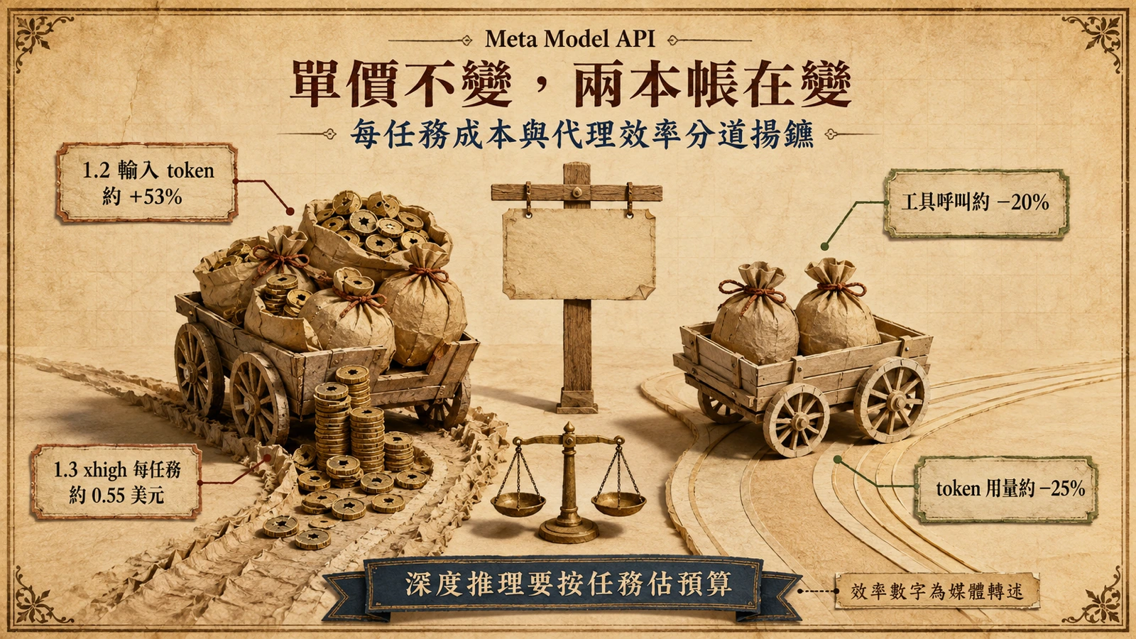 Muse Spark 1.2 的輸入 token 用量上升推高每任務成本，1.3 在單價不變下宣稱減少工具呼叫與 token 用量，但推理變體的每任務成本仍續升。