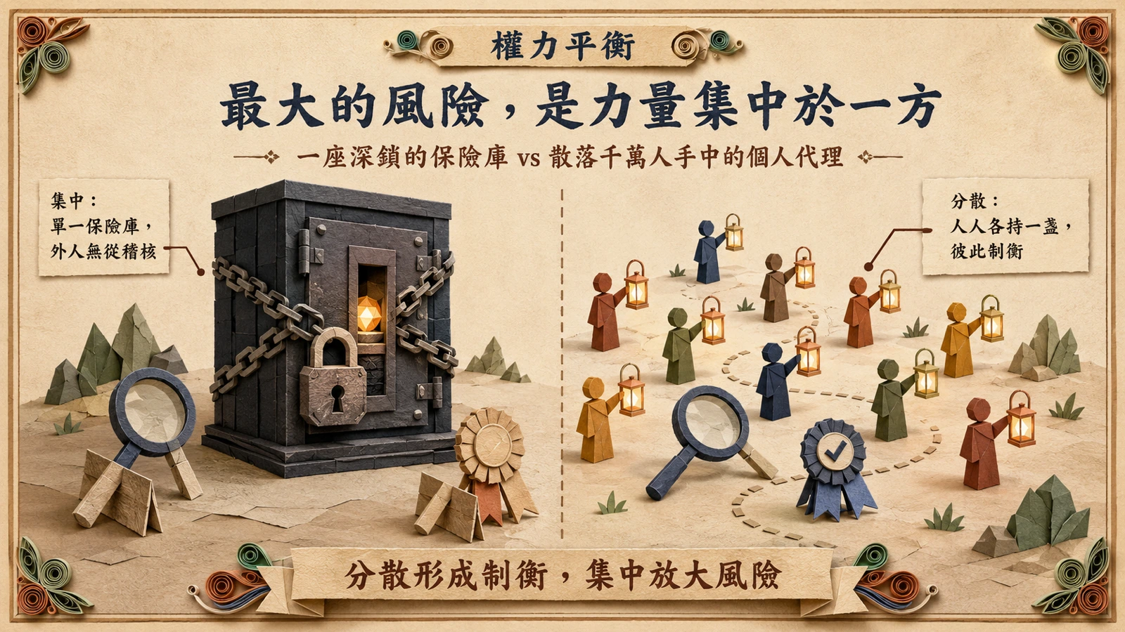 集中於一座保險庫 vs 散落千萬人手中：宣言主張分散形成制衡、集中放大風險。