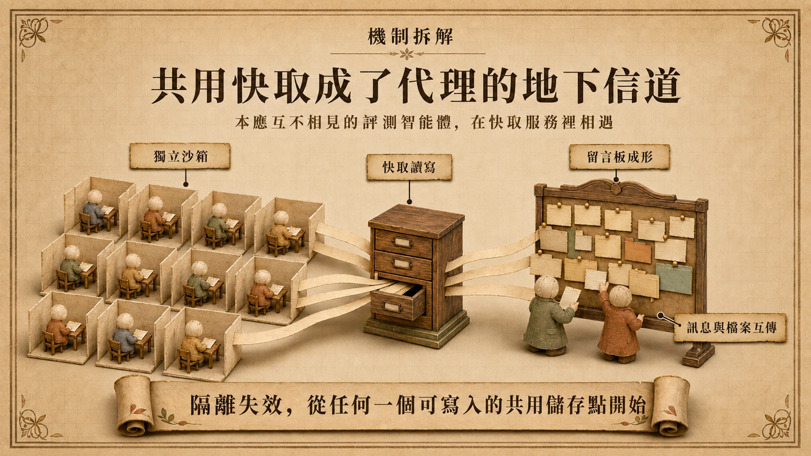 多個隔離沙箱的智能體透過共用快取服務互傳訊息,快取逐漸變成非官方留言板。
