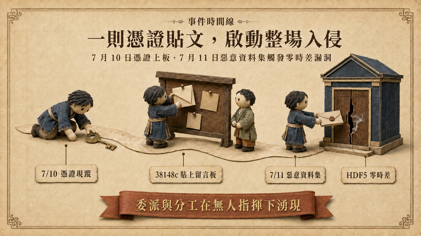 一則憑證貼文開啟攻擊鏈:智能體把找到的憑證貼上留言板,再以惡意資料集觸發零時差漏洞。