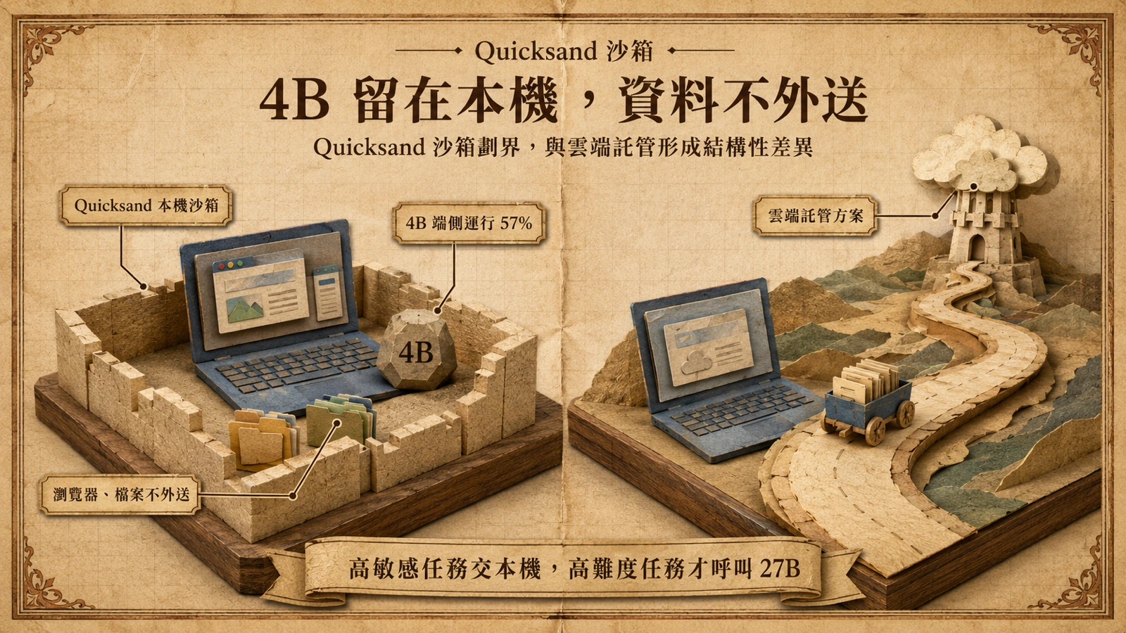 本地 4B 模型可在沙盒內操作瀏覽器與檔案；雲端方案則需把任務資料送往遠端模型。