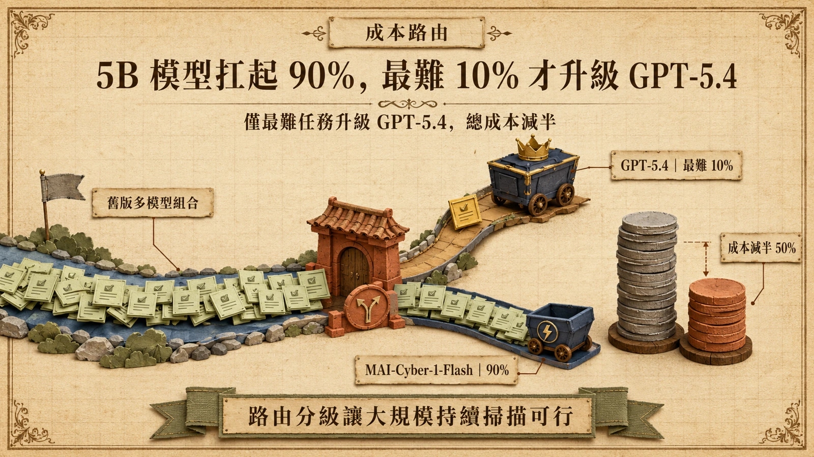 大量簡單資安任務由 MAI-Cyber-1-Flash 處理，少數困難案例再交給 GPT-5.4，可把成本降至約一半。