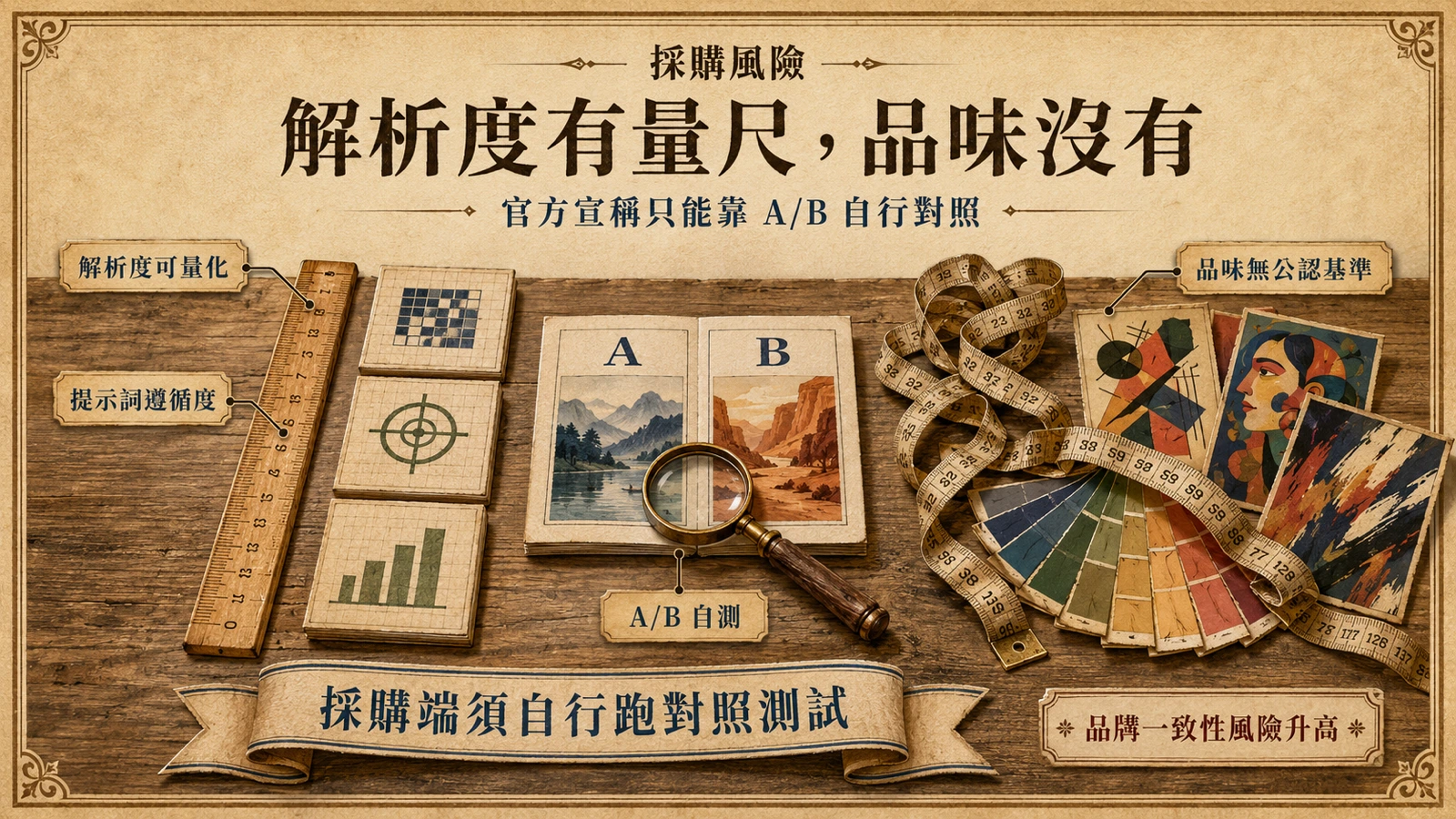 解析度可用客觀指標衡量，品味與創意則缺乏公認基準，只能以自有素材進行比較。